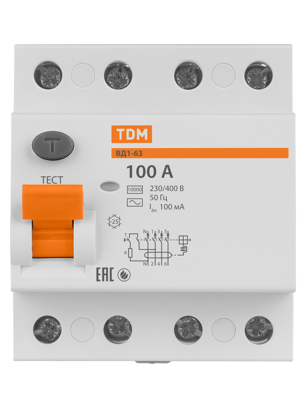 Устройство защитного отключения (УЗО) ВД1-63 4Р 100А 100мА TDM SQ0203-0048