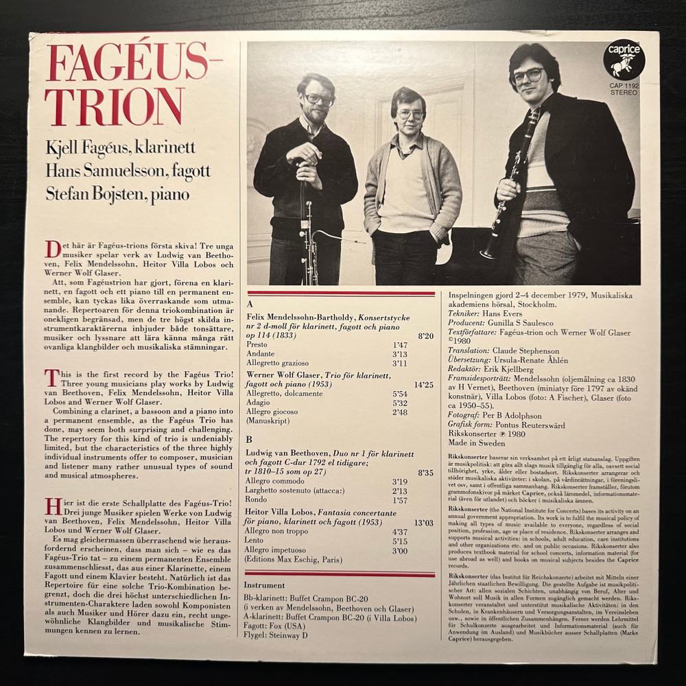Трио фагус - Мендельсон, Вилла Лобос, Глейзер (Швеция 1980г.)