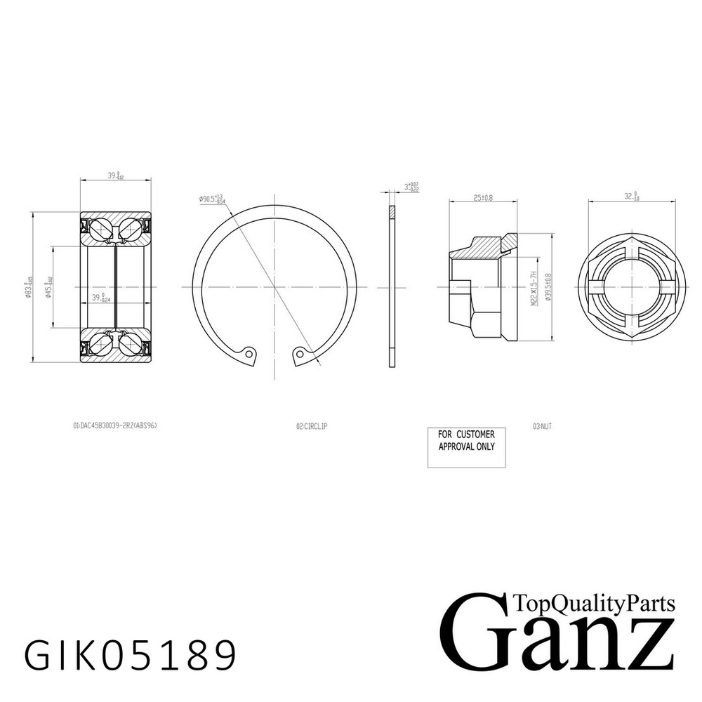 Подшипник ступицы передний RENAULT Clio II/Kangoo/Megane II/Laguna II /ABS+ GANZ GIK05189
