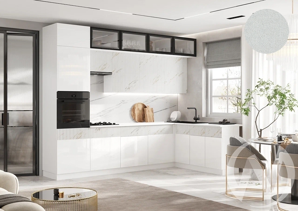 Кухня Оливия NEW 3;0х1;8м (белый/белый глянец холодный; мрамор золото/антарес)