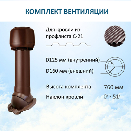 Комплект вентиляции: Вентиляционный выход изолированный D125/160 утепленный высота H=700 мм, проходной элемент PROF-21 для металлопрофиля кровельного профнастила С21, колпак вентиляционный D160 мм, коричневый