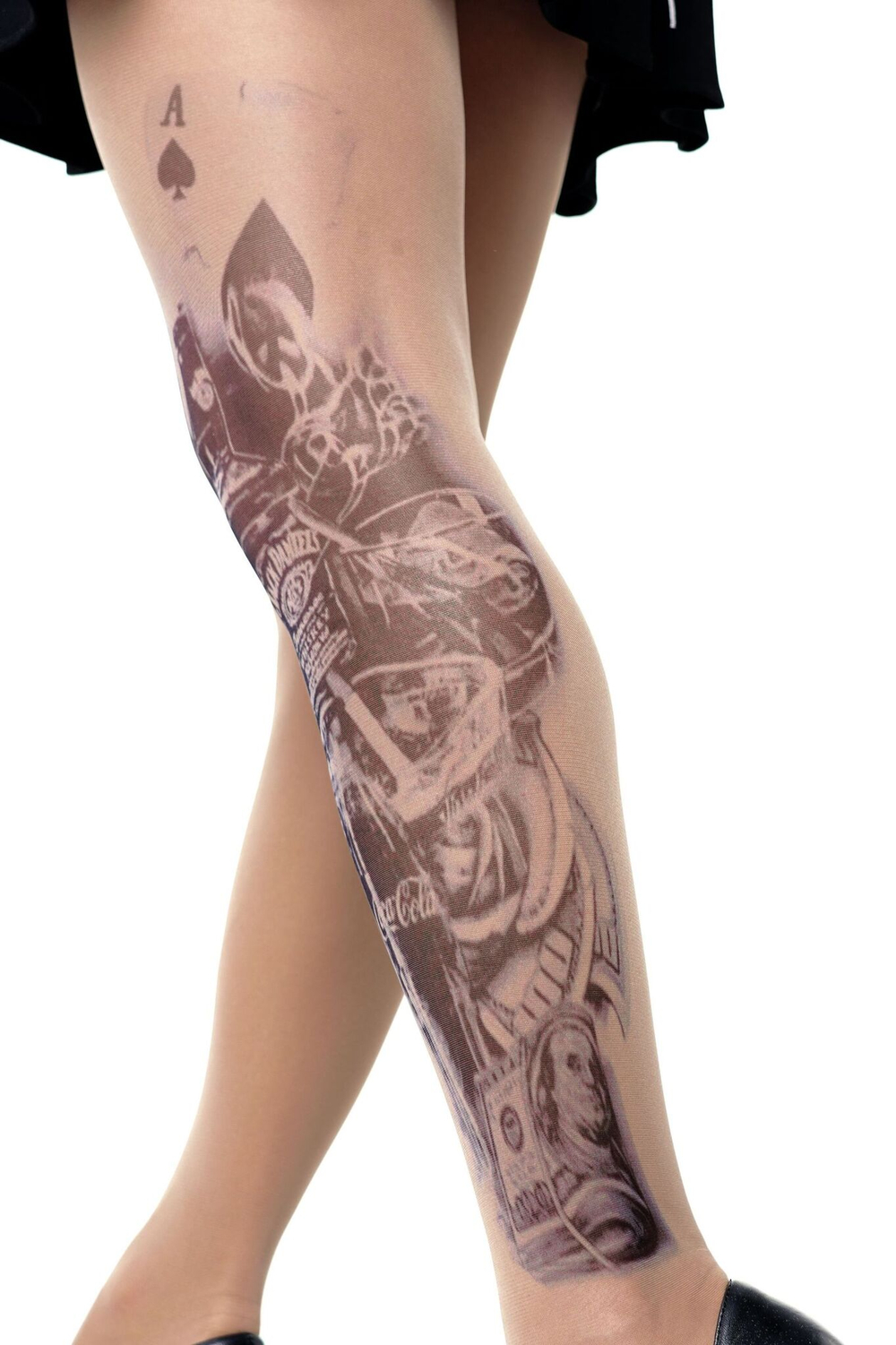 Колготки с принтом в виде карт, напитков и купюр (Размер: S-M-L) (Цвет: бежевый)