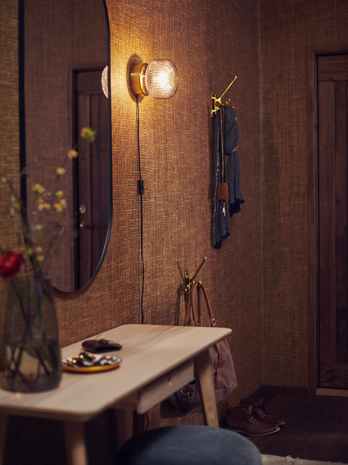 Настенный светильник IKEA SOLKLINT (СОЛКЛИНТ), Латунь, Серо-прозрачное стекло, 27 см, 17х14х16 см