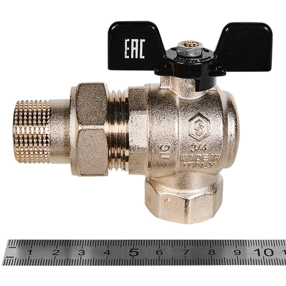 Кран шаровой полнопроходной угловой STOUT - 3/4" (ВР/НР-американка PN50, Tmax 150°C, ручка-бабочка)