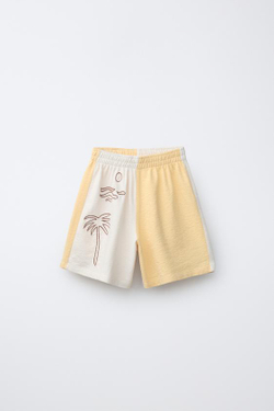 ZARA ШОРТЫ ИЗ МАХРОВОЙ ТКАНИ В СТИЛЕ КОЛОР-БЛОК С ВЫШИВКОЙ, ЖЕЛТЫЙ