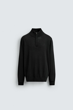 ZARA ШЕРСТЯНОЙ СВИТЕР С ВОРОТНИКОМ НА МОЛНИИ, ЧЕРНЫЙ