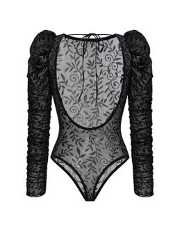 Боди с драпированными рукавами из эластичной сетки с узором