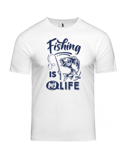 Футболка рыбака Fishing is my life классическая прямая белая с синим рисунком
