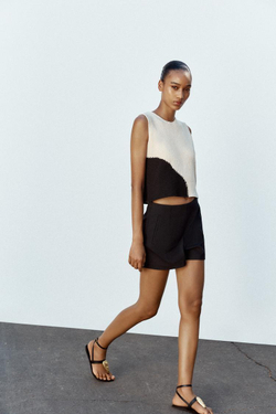 ZARA ТРИКОТАЖНЫЙ ТОП БЕЗ РУКАВОВ, ЭКРЮ/ЧЕРНЫЙ