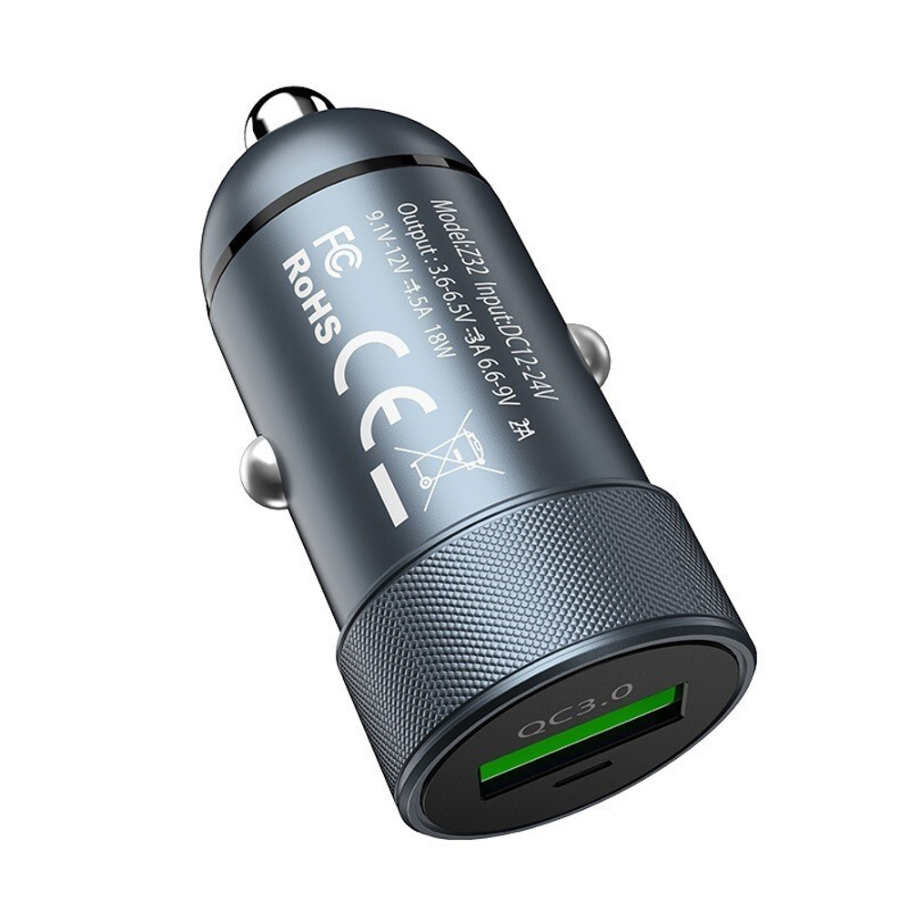 Автомобильный адаптер питания HOCO Z32 3.0A QC 3.0 (серый)