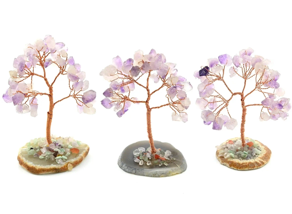 Дерево счастья на срезе агата с аметистом(кристаллы) 55*35*90мм