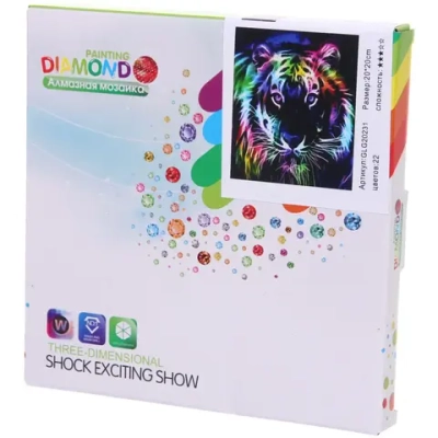 Алмазная мозаика на подрамнике с полным заполнением «МИР ЯРКИХ КРАСОК», красочный тигр, 20*20 см