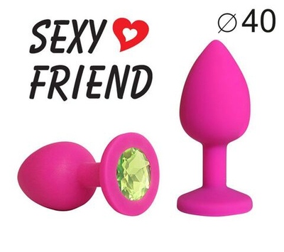 Ярко-розовая анальная пробка с салатовым кристаллом - 9,5 см. (Цвет: салатовый)