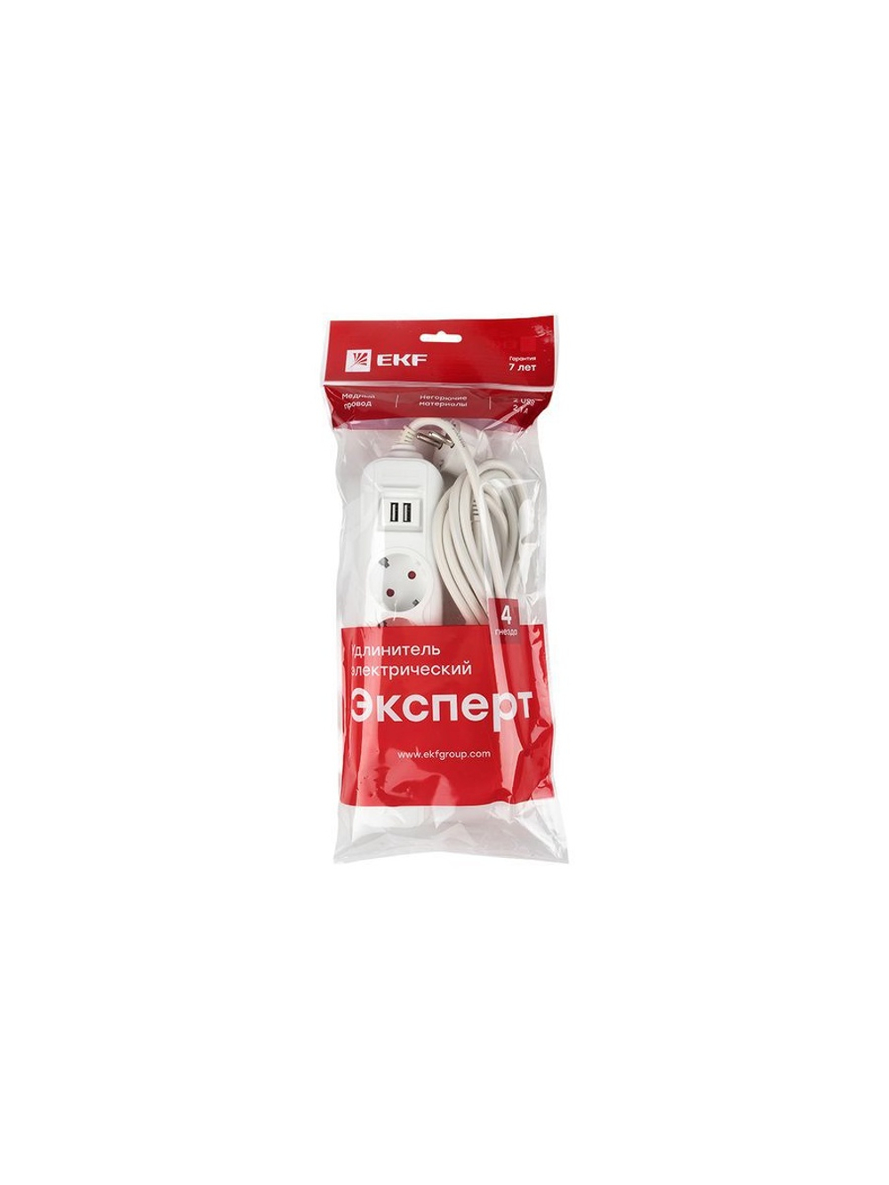 Удлинитель 4х2м 16А IP20 Эксперт 3.5кВт 2хUSB 2.1А ПВС 3х1 PROxima EKF UBA16-2USB-4-02i