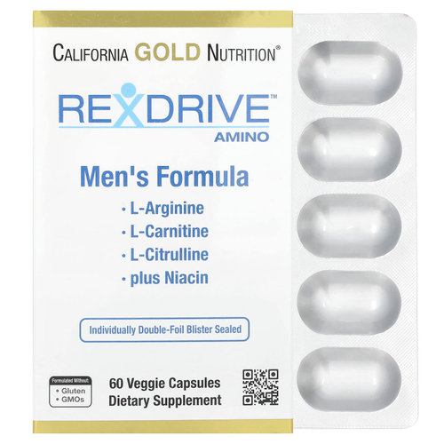 California Gold Nutrition, Rexdrive™ Amino, добавка для мужчин с L-аргинина гидрохлоридом, L-цитруллином, ацетил-L-карнитин аргината дигидрохлоридом и глицин пропионил-L-карнитина гидрохлоридом, 60 растительных капсул