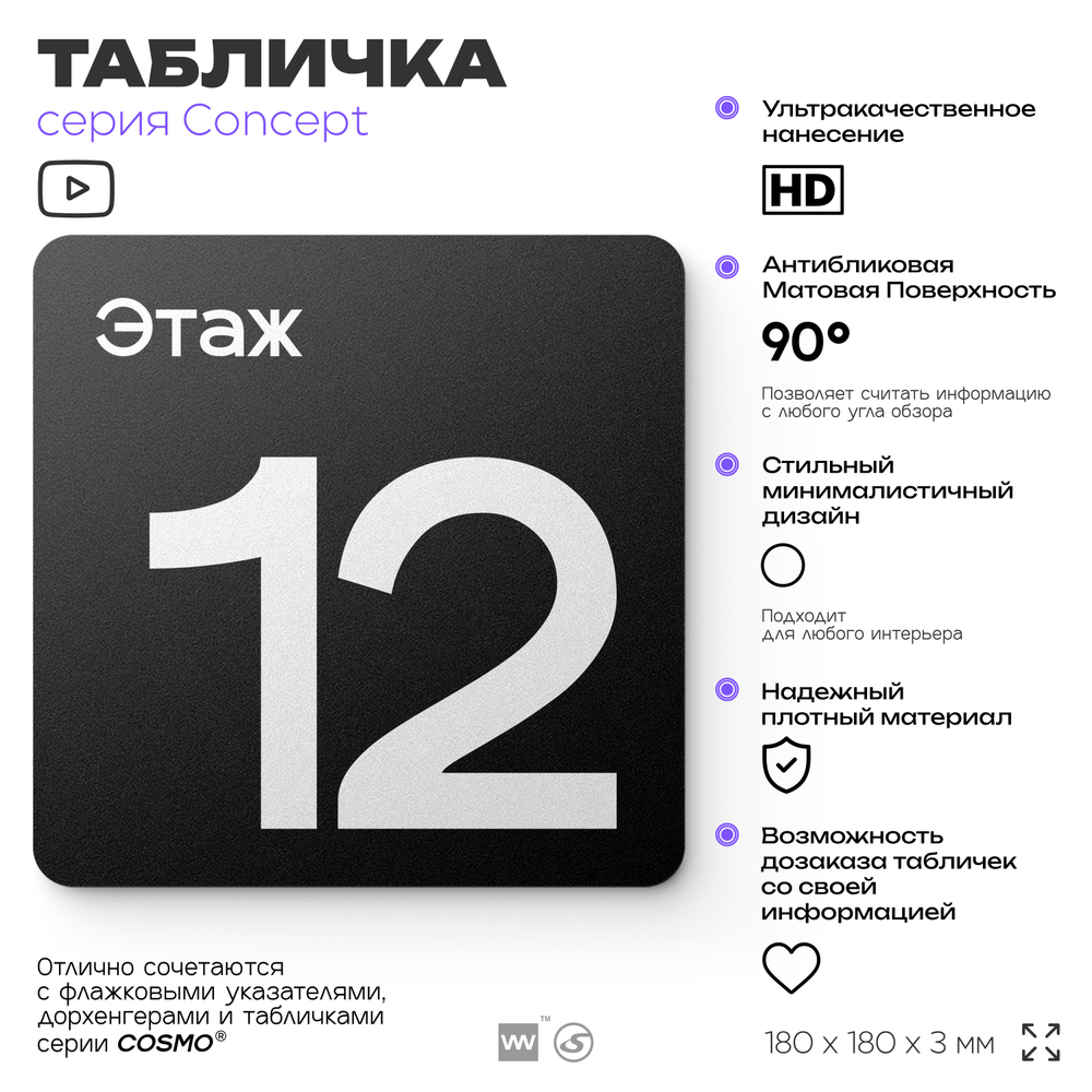 Табличка Этаж 12, на дверь и стену, навигационная и информационная, серия CONCEPT, 18х18 см, Айдентика Технолоджи