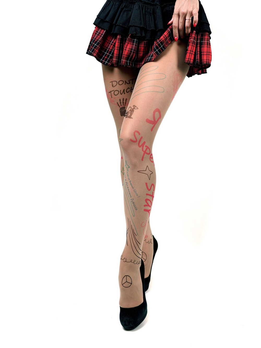 Молодёжные колготки с цветными почеркушками (Размер: S-M-L) (Цвет: бежевый)