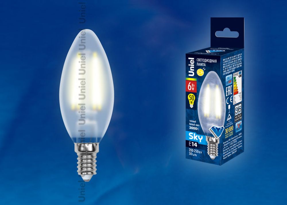 LED-C35-6W/WW/E14/FR PLS02WH Лампа светодиодная. Форма свеча, матовая. Серия Sky. Теплый белый свет. Картон. ТМ Uniel.