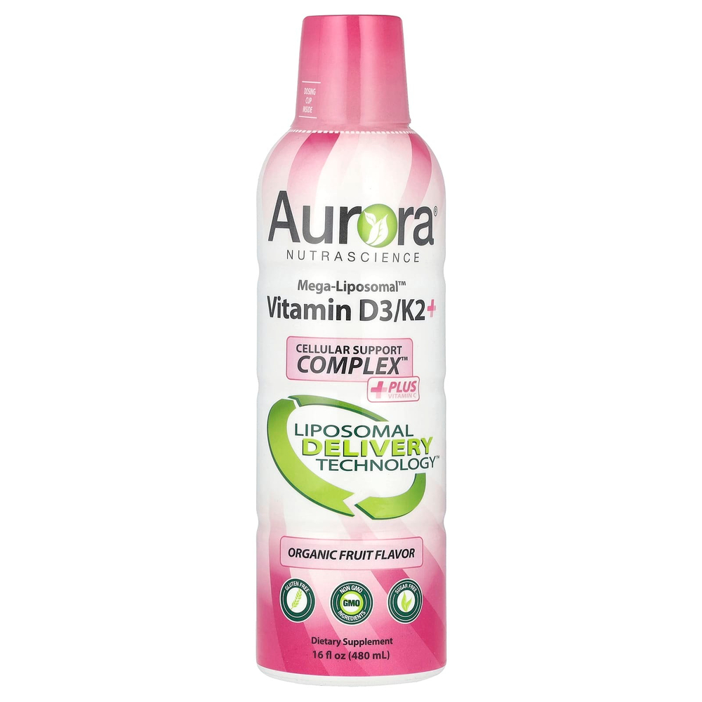 Aurora Nutrascience, Mega-Liposomal™, витамин D3/K2+ с витамином C, вкус органических фруктов, 480 мл (16 жидк. унций)