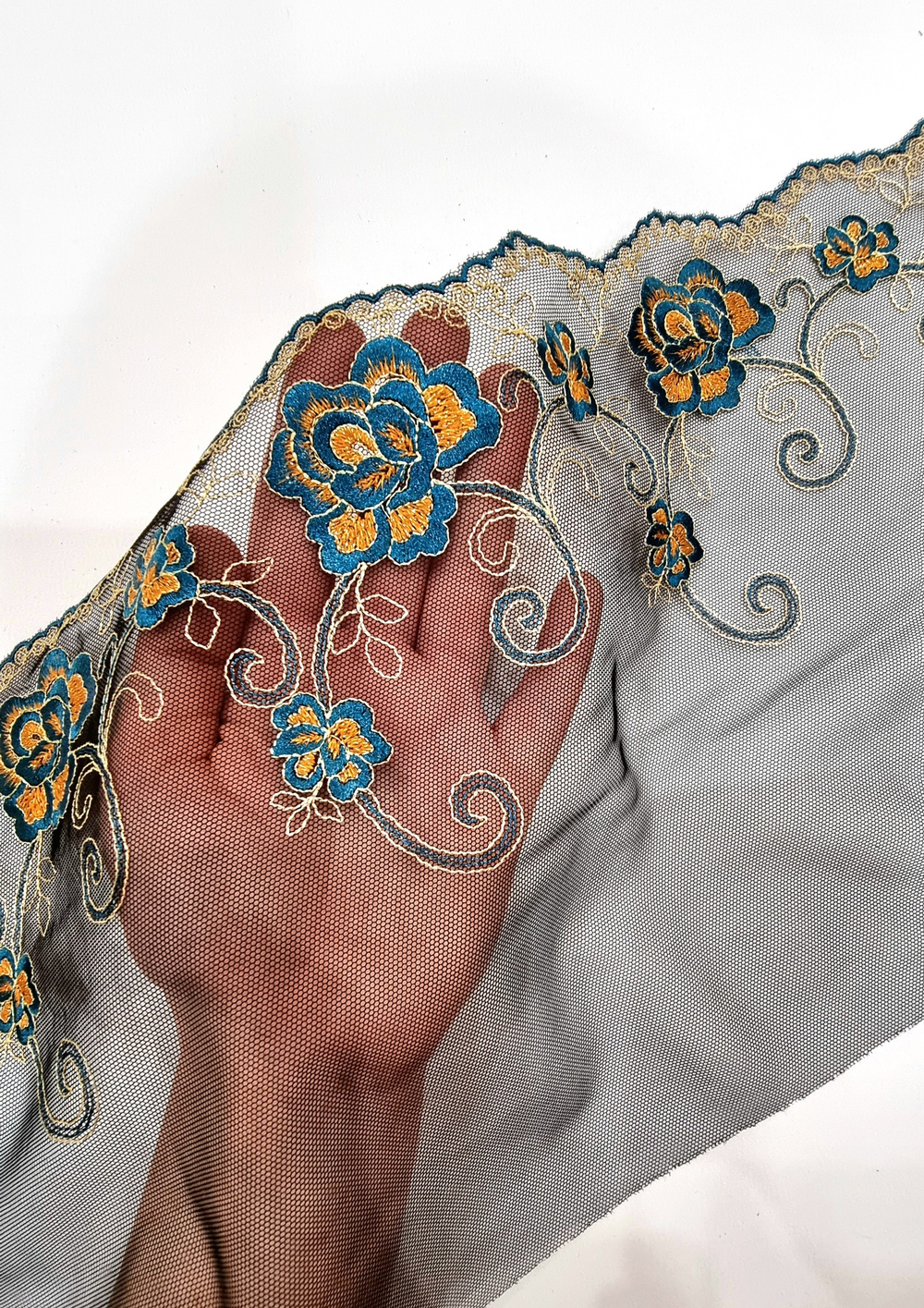 Вышивка на сетке неэластичная черная с изумрудными цветами К020 правая