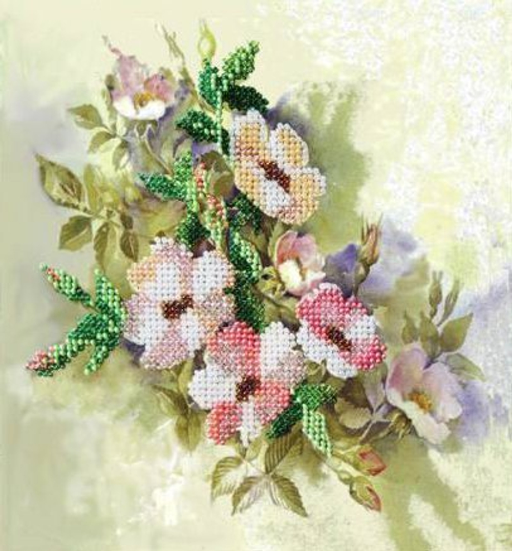 Тема: Цветы¶Техника: Частичная вышивка бисером¶Размер: 18,5х20 см¶Основа: Ткань (хлопко-льняная) с н