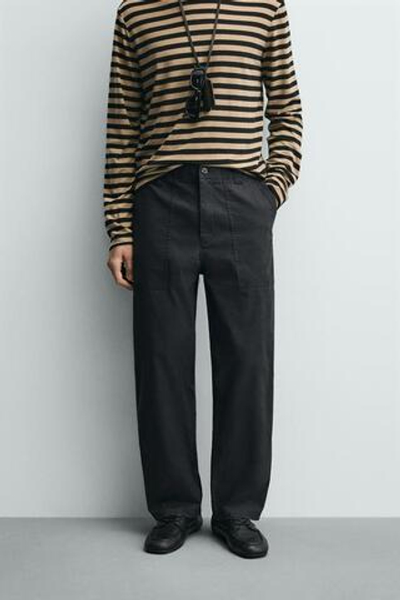 ZARA БРЮКИ STRAIGHT FIT С ЭФФЕКТОМ ПОТЕРТОСТИ, СТАЛЬНОЙ