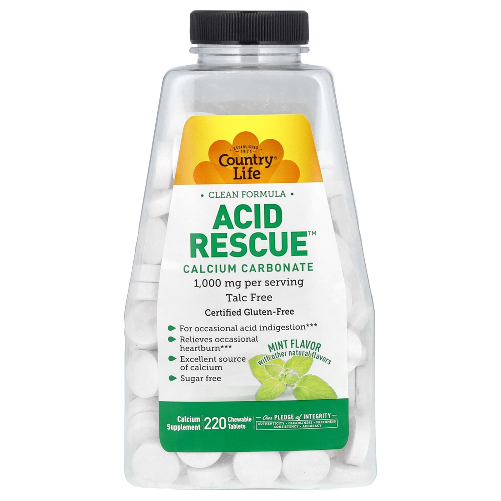 Country Life, Acid Rescue, карбонат кальция, мята, 220 жевательных таблеток