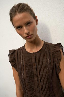 ZARA БЛУЗА С ВОЛАНАМИ И КРУЖЕВОМ, КОРИЧНЕВЫЙ