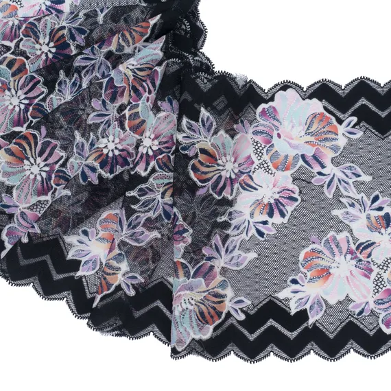 Кружево эластичное черное/цветы 22 см, Китай