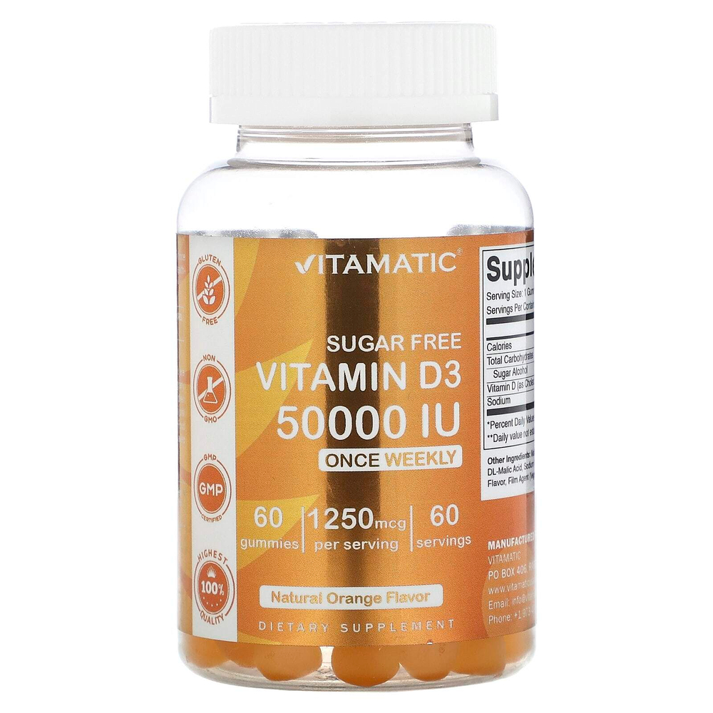 Vitamatic, витамин D3 без сахара, натуральный апельсин, 50 000 МЕ, 60 жевательных мармеладок