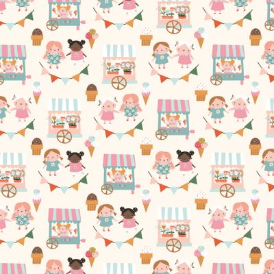 Цветочный узор с детьми, витрина с цветами,флагами и мороженым