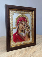 Казанская БМ, икона прямоугольная в рамке под стеклом, красное дерево, эмаль 232х280