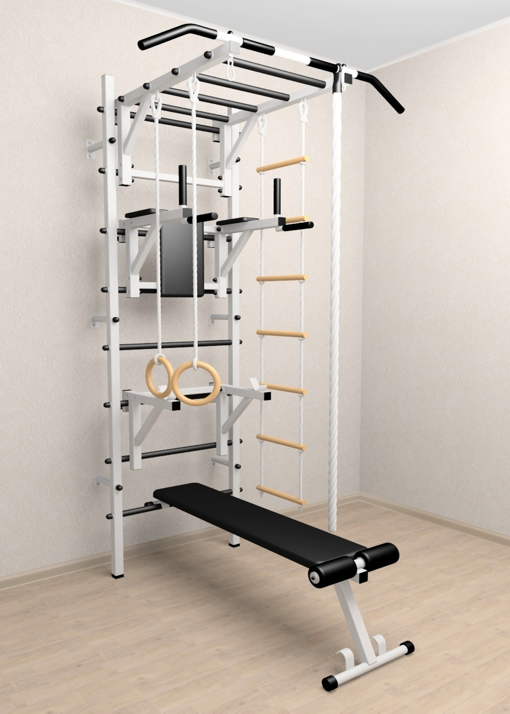 Шведская стенка Sv Sport 527 (Турник рукоход/Брусья/Стойка/Скамья/Канат/Kольца/Лестница)