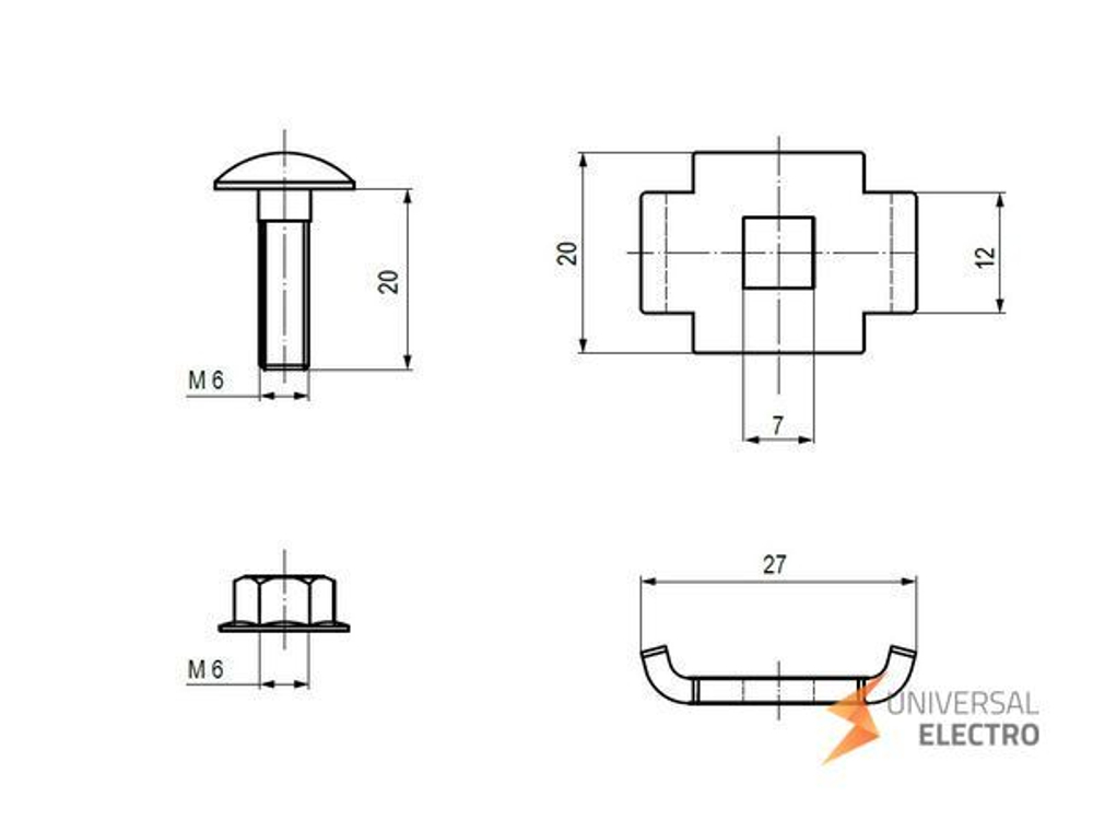 Винтовой соединительный комплект двойной 6x20 (Винт М6+гайка) (50 шт) EKF