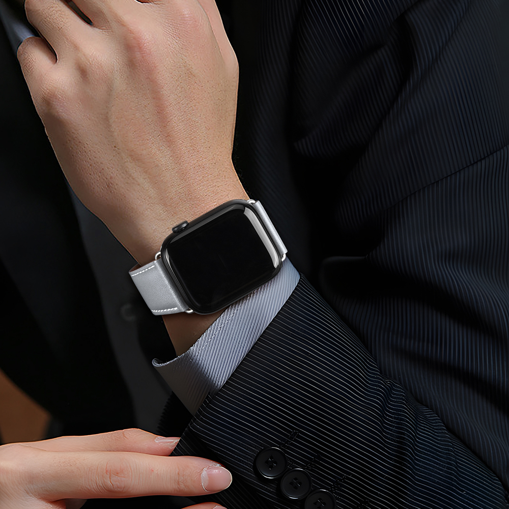 Ремешок из натуральной кожи серого цвета от Dux Ducis для смарт часов Apple Watch 42, 44, 45, 46, 49мм, серия YA Series