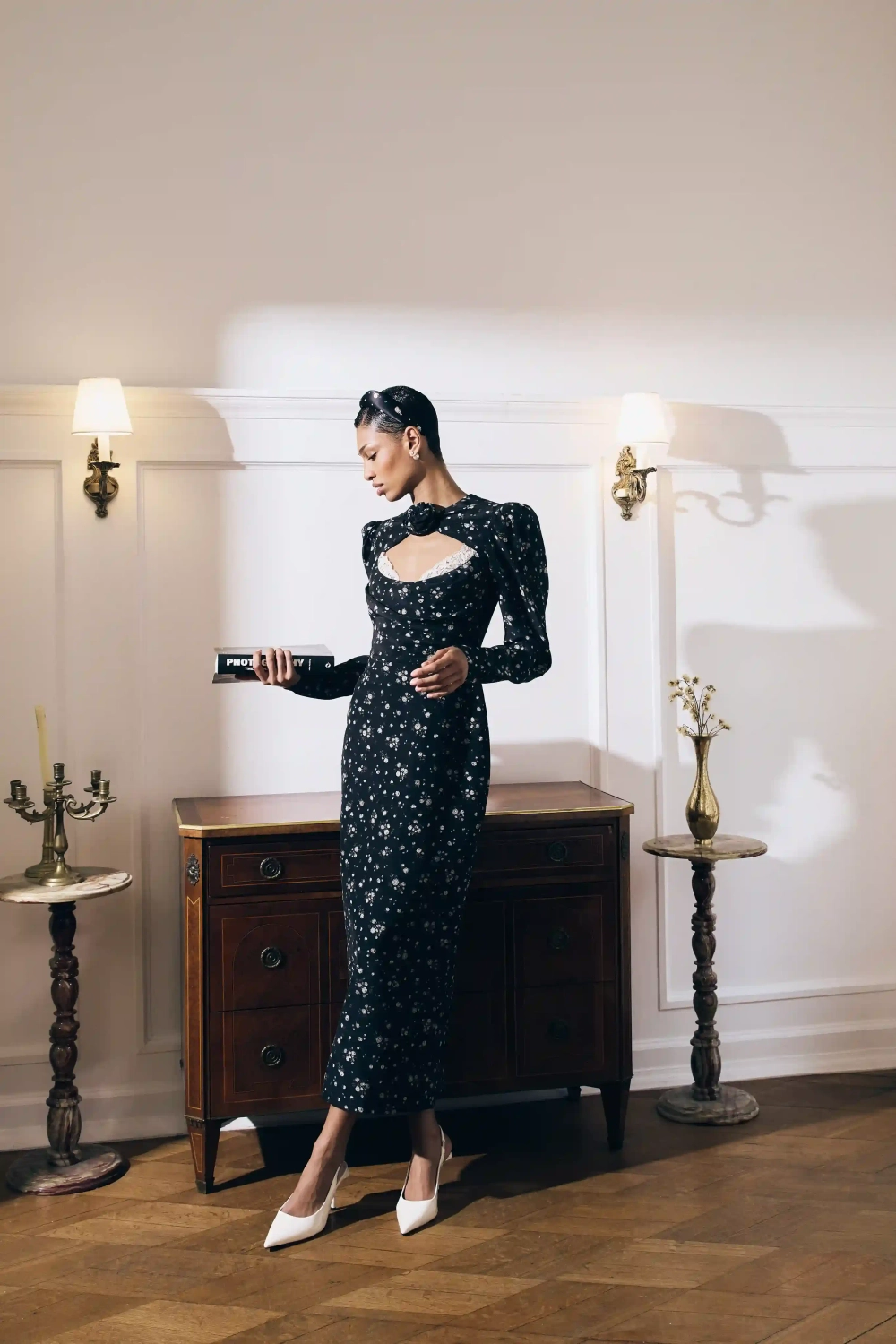 Macel midi, платье миди из черного крепдешина с цветочным принтом