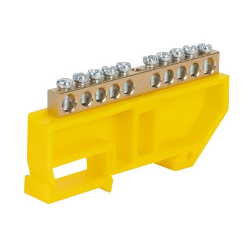 Шина нулевая 10 отверстий, изолятор на DIN-рейку желтый, 6х9 мм