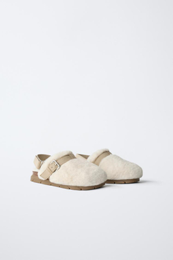 ZARA САБО ИЗ ИСКУССТВЕННОЙ ОВЧИНЫ, ЭКРЮ