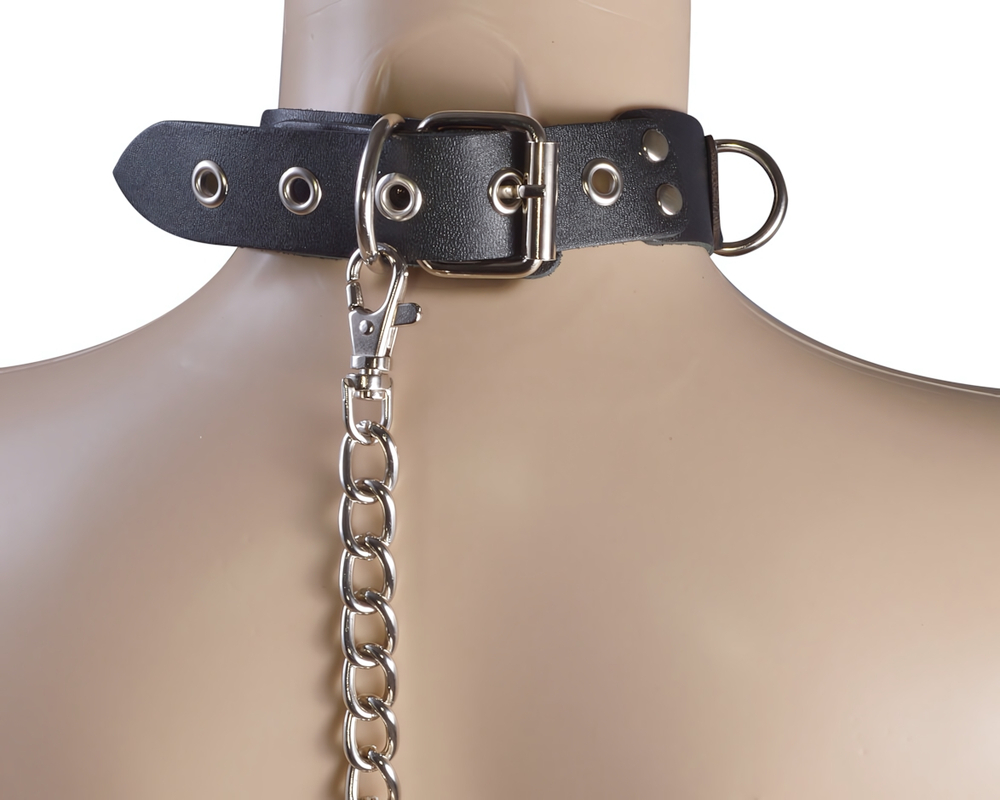 Ошейник Sitabella с большим кольцом и поводком цепочкой чёрный