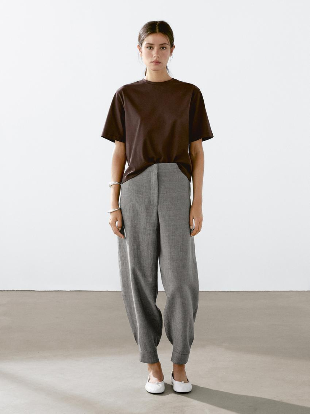 Massimo Dutti Футболка с декоративной строчкой, коричневый