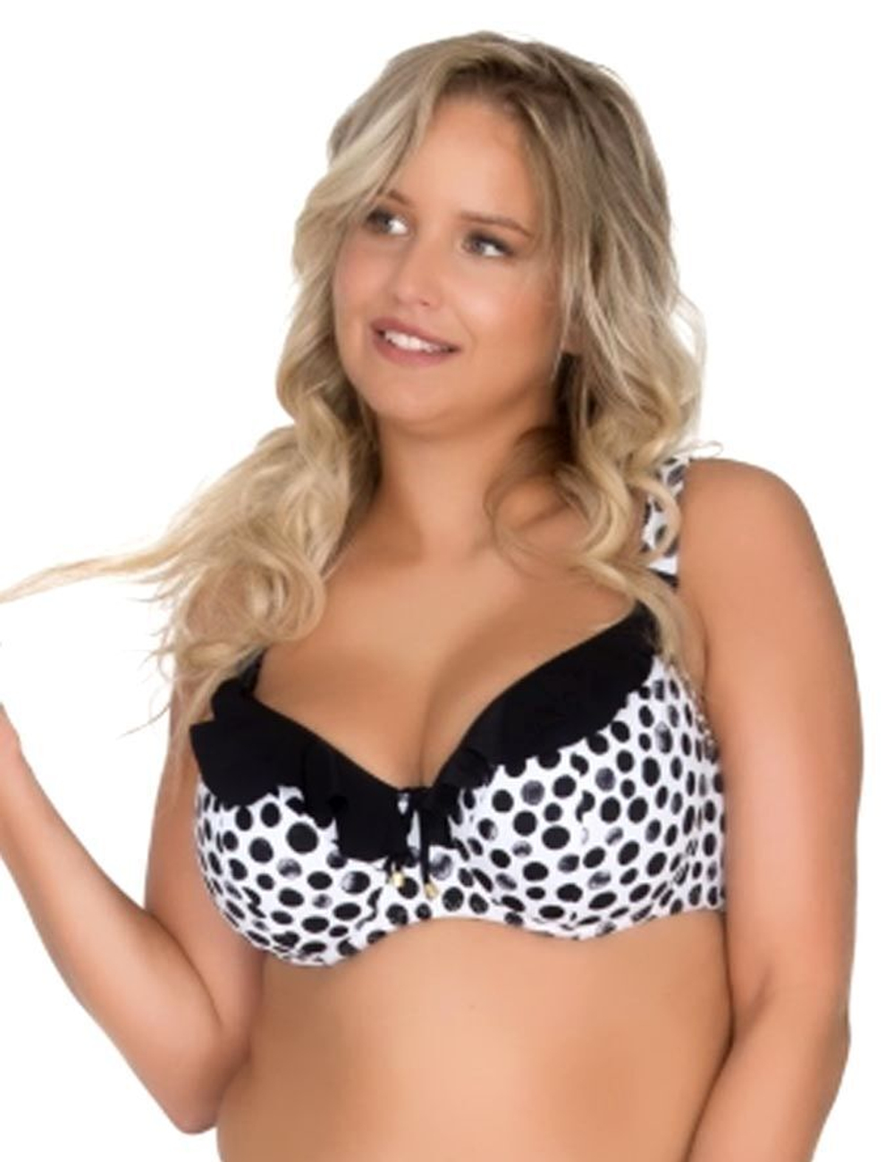 Купальный лиф в горох с рюшевой отделкой (Размер: 65J) (Цвет: черный с белым)