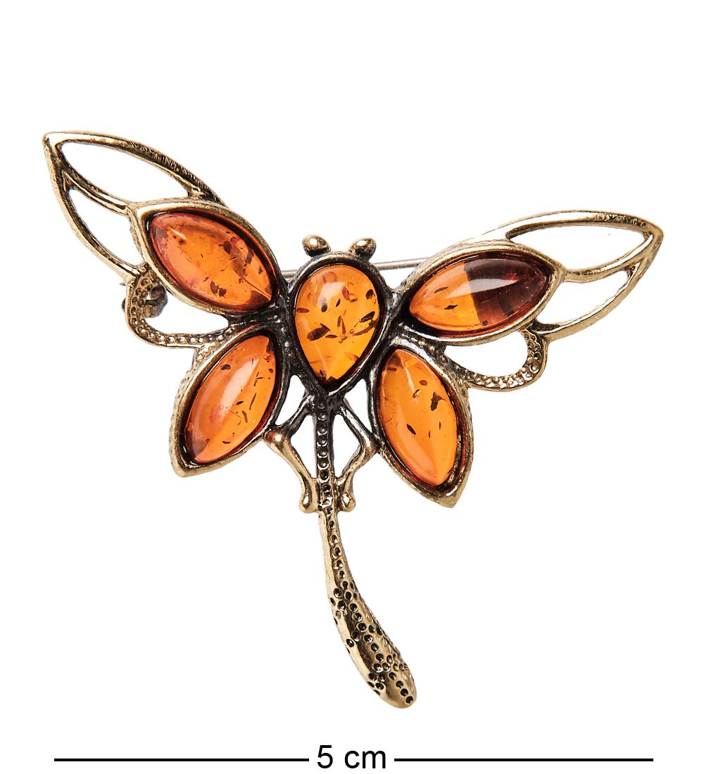 AM-2395 Брошь «Стрекоза Грация» (латунь, янтарь)