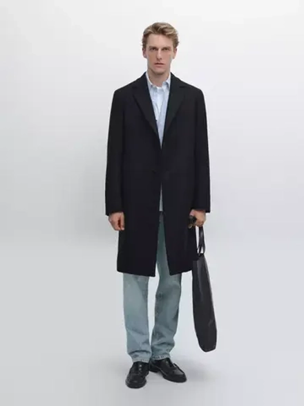 Massimo Dutti Длинное пальто из 100% шерсти с лацканами, темно-синий