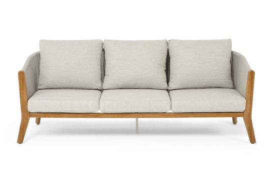 "Сидней" диван 3-местный плетеный из роупа, основание тик, каркас алюминий бежевый, роуп бежевый, ткань бежевая