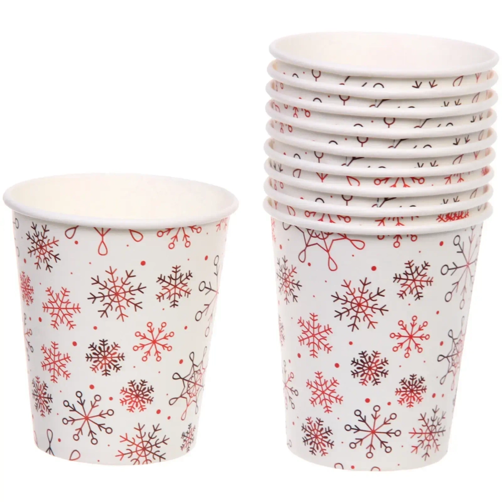 Стакан бумажный 0,2л в наборе 10 шт «Снежные искры», красный
