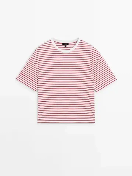 Massimo Dutti Хлопковая футболка в полоску с круглым вырезом, красный