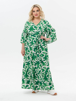 Платье с V-вырезом и воланом, зелёный штапель