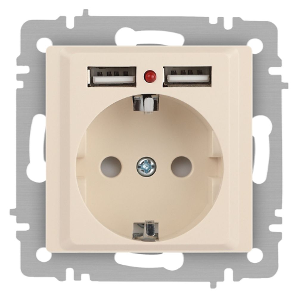 Розетка Intro Accent 6-410-02 с заземлением 2P+E Schuko со шторками 16А-250В + 2хUSB IP20 СУ слоновая кость | Intro