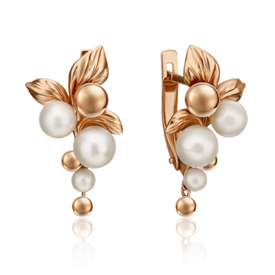 Серьги «Веточки с ягодами» с английским замком из красного золота c жемчугом культивированным Артикул: 02-4599-00-301-1110-31