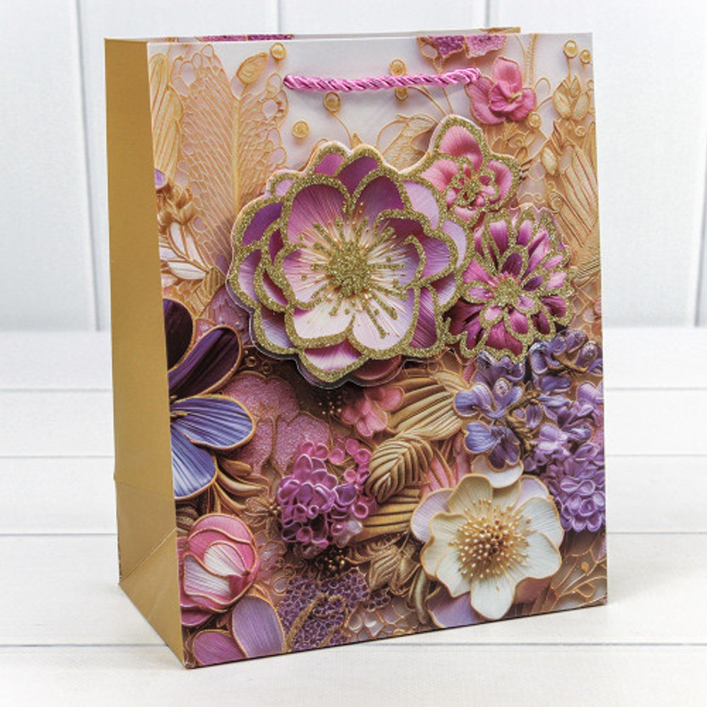 Пакет подарочный 18х23х10см "Цветы" с 3D аппликацией (Микс)